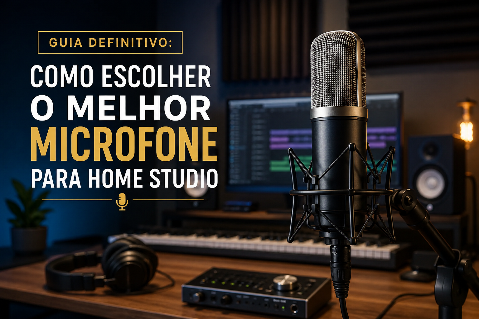 Melhor microfone para home studio em estúdio de gravação profissional, com microfone condensador, interface de áudio, fones de ouvido e monitor de edição para gravação de voz, podcast e produção musical.