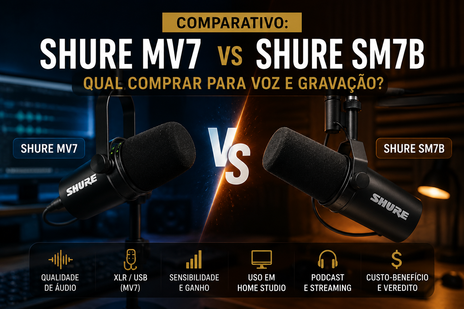 Comparativo entre os microfones Shure MV7 e Shure SM7B para gravação de voz, podcast e home studio. A imagem ajuda a avaliar se o microfone Shure MV7 vale o preço em comparação ao SM7B.