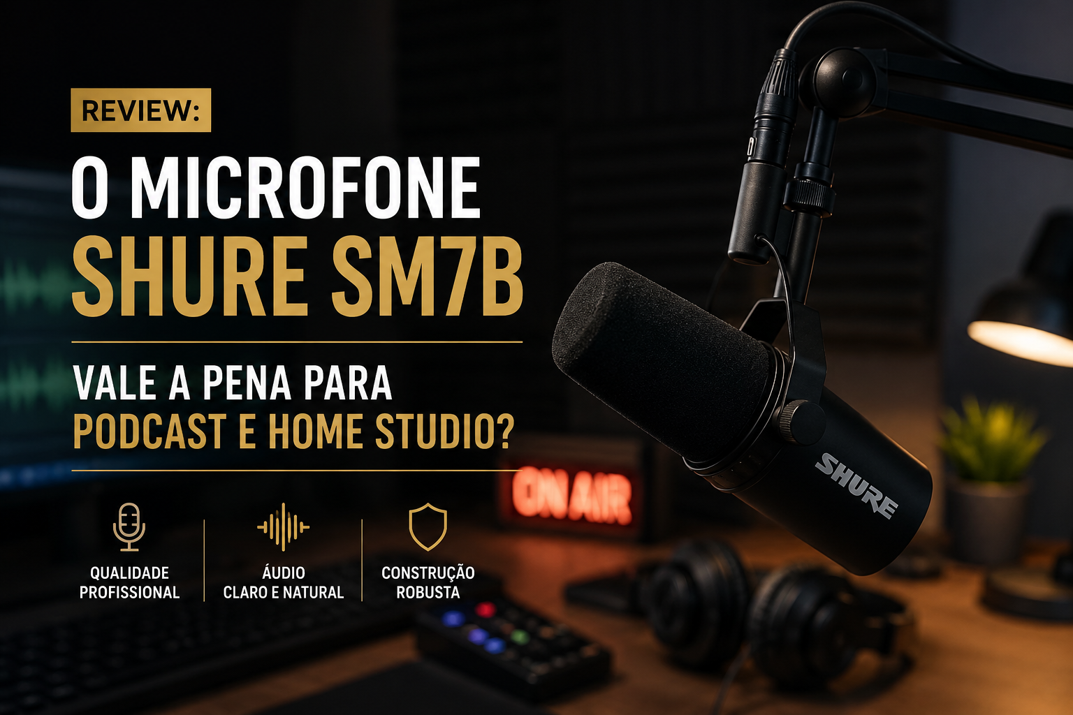 Microfone Shure SM7B em estúdio de gravação profissional para podcast e home studio. Review analisa se o Microfone Shure SM7B vale a pena para gravação de voz, streaming e produção de conteúdo.