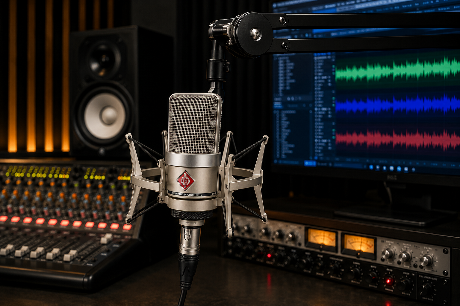 Microfone condensador Neumann TLM 102 para gravação de voz, locução, podcast e produção musical profissional.