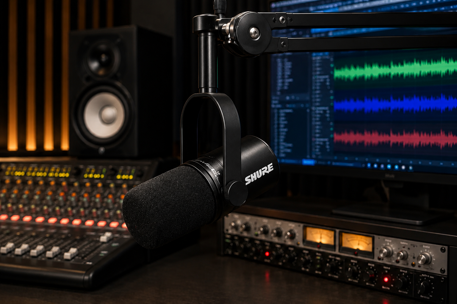 Microfone Shure MV7 para podcast, streaming, gravação de voz e home studio com conexão USB e XLR.