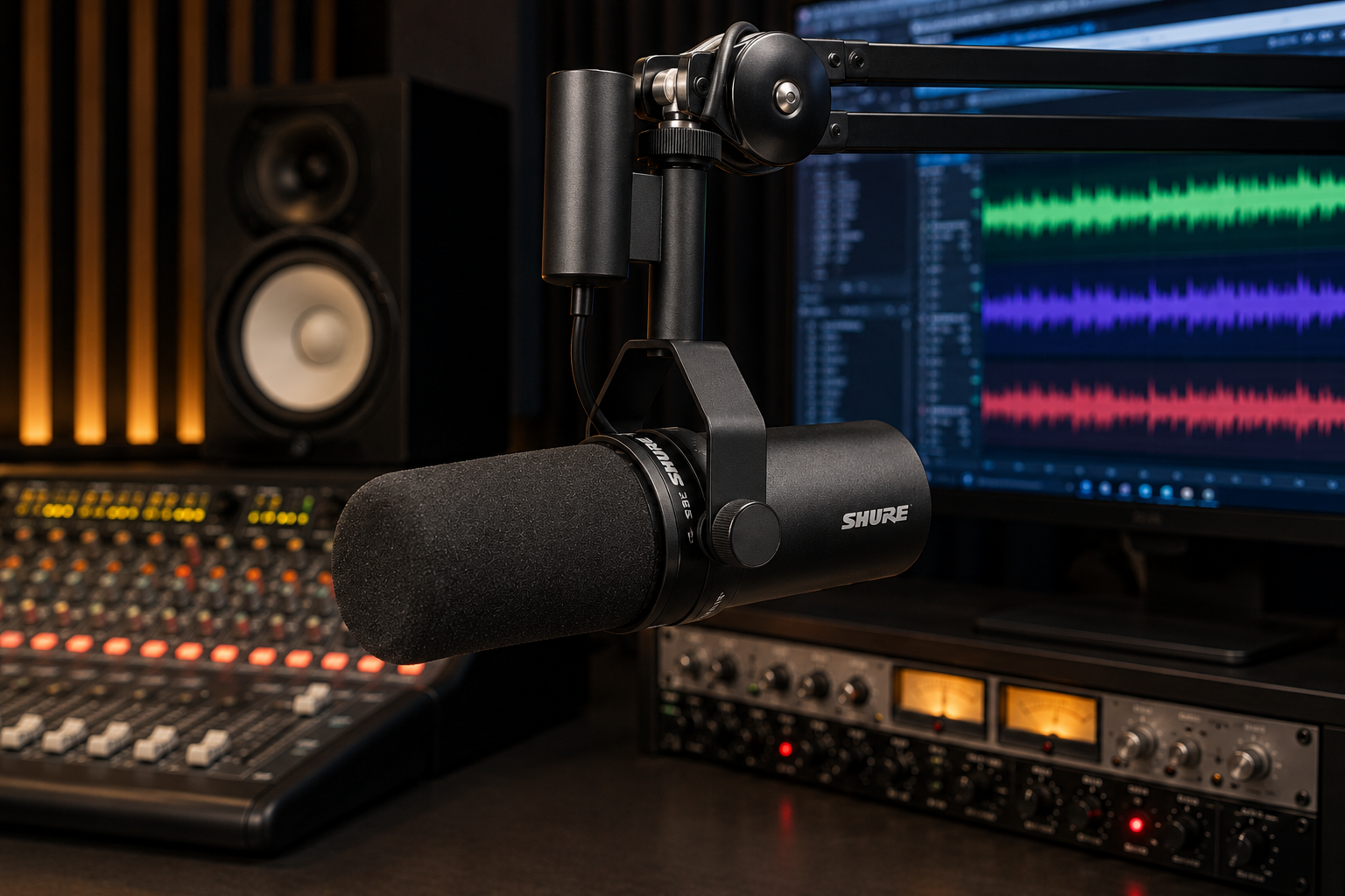 Microfone Shure SM7B instalado em braço articulado sobre bancada de estúdio profissional, utilizado para análise técnica, gravação de voz, podcast e produção musical em home studio.