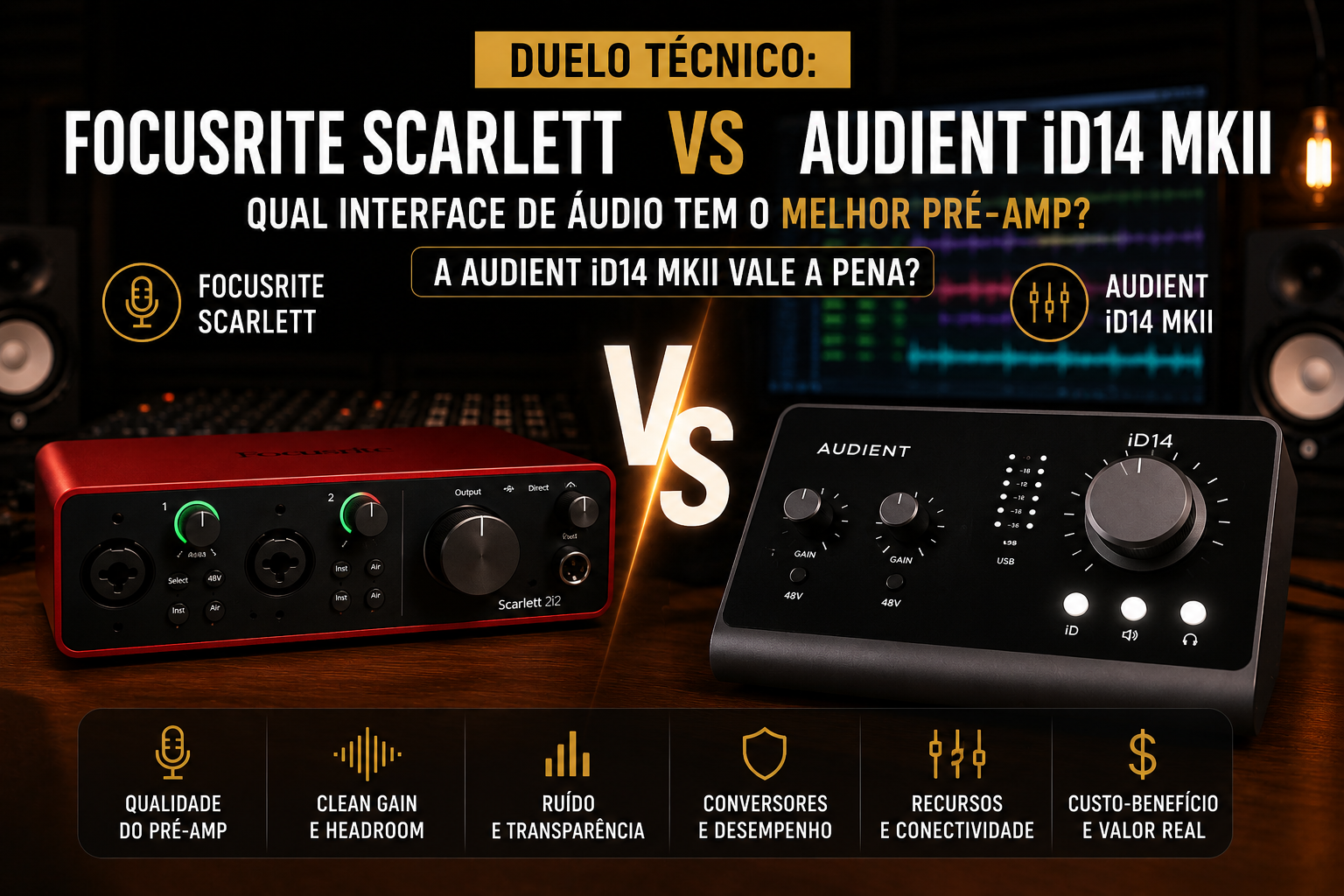 Comparativo entre Focusrite Scarlett e Audient iD14 MKII mostrando qual interface de áudio possui o melhor pré-amplificador. Review completo para descobrir se a Audient iD14 MKII vale a pena para home studio profissional.