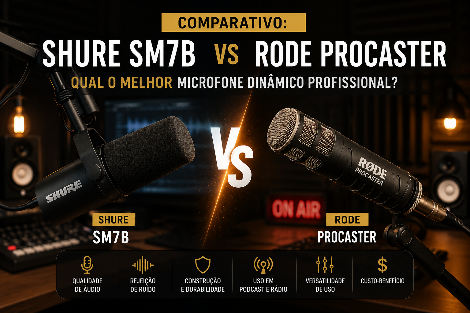 Comparativo entre os microfones dinâmicos Shure SM7B e Rode Procaster para descobrir qual é o melhor microfone dinâmico para podcast, locução, streaming e home studio. Melhor microfone dinâmico.