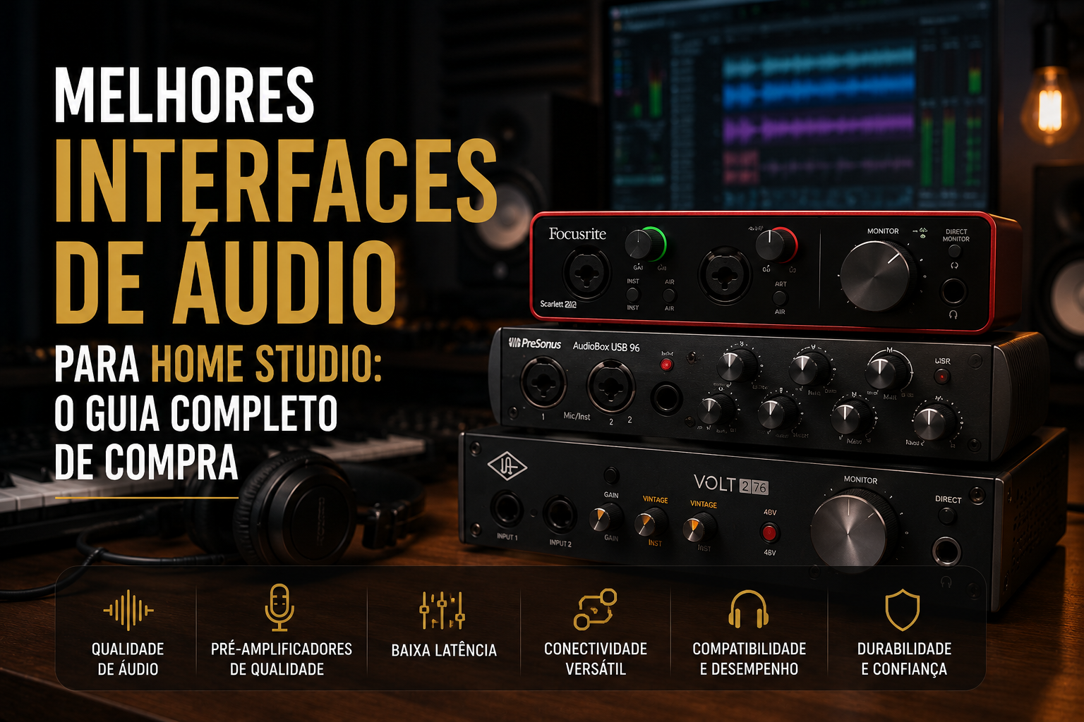 Melhores interfaces de áudio para home studio, incluindo Focusrite Scarlett, PreSonus AudioBox e Universal Audio Volt para gravação profissional, podcast e produção musical.