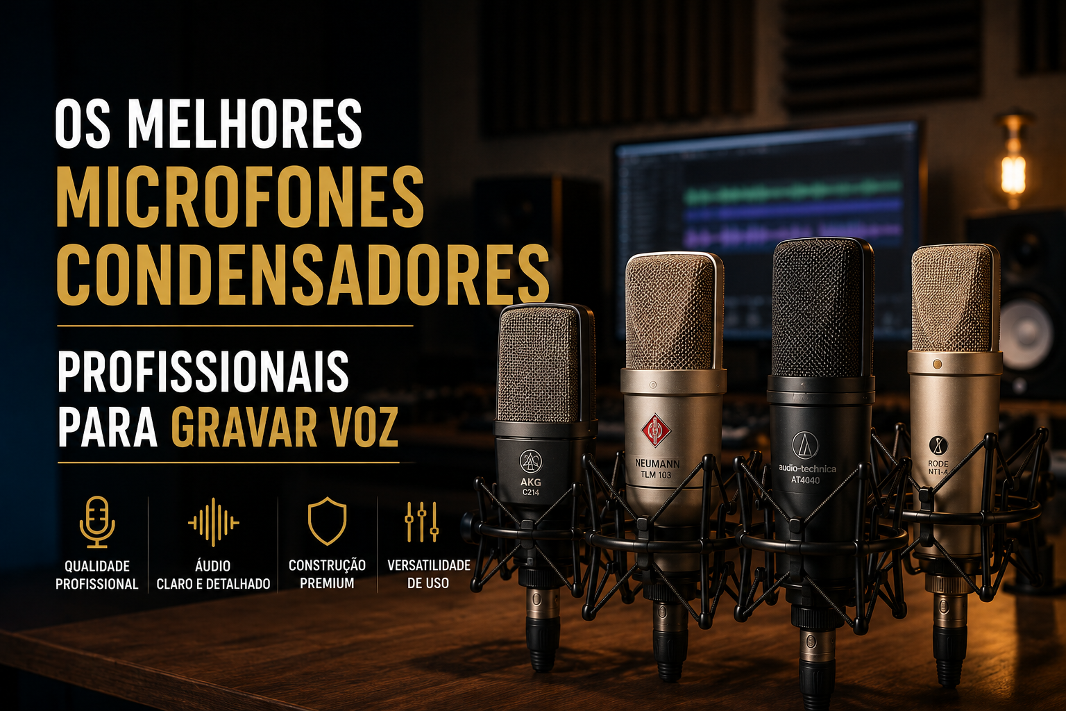 Microfones condensadores profissionais para gravação de voz em home studio, incluindo modelos premium para podcast, locução, streaming e produção musical em estúdio de gravação.