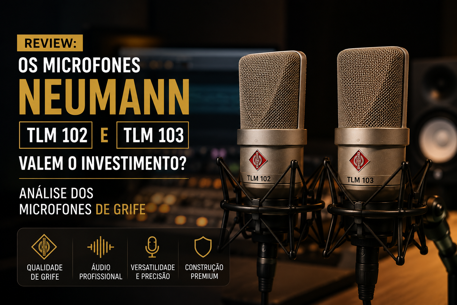 Microfones Neumann TLM 102 e TLM 103 em estúdio de gravação profissional. Review analisa se o Neumann TLM 102 vale a pena para gravação de voz, podcast, locução e home studio. O microfone Neumann TLM 102 vale a pena.