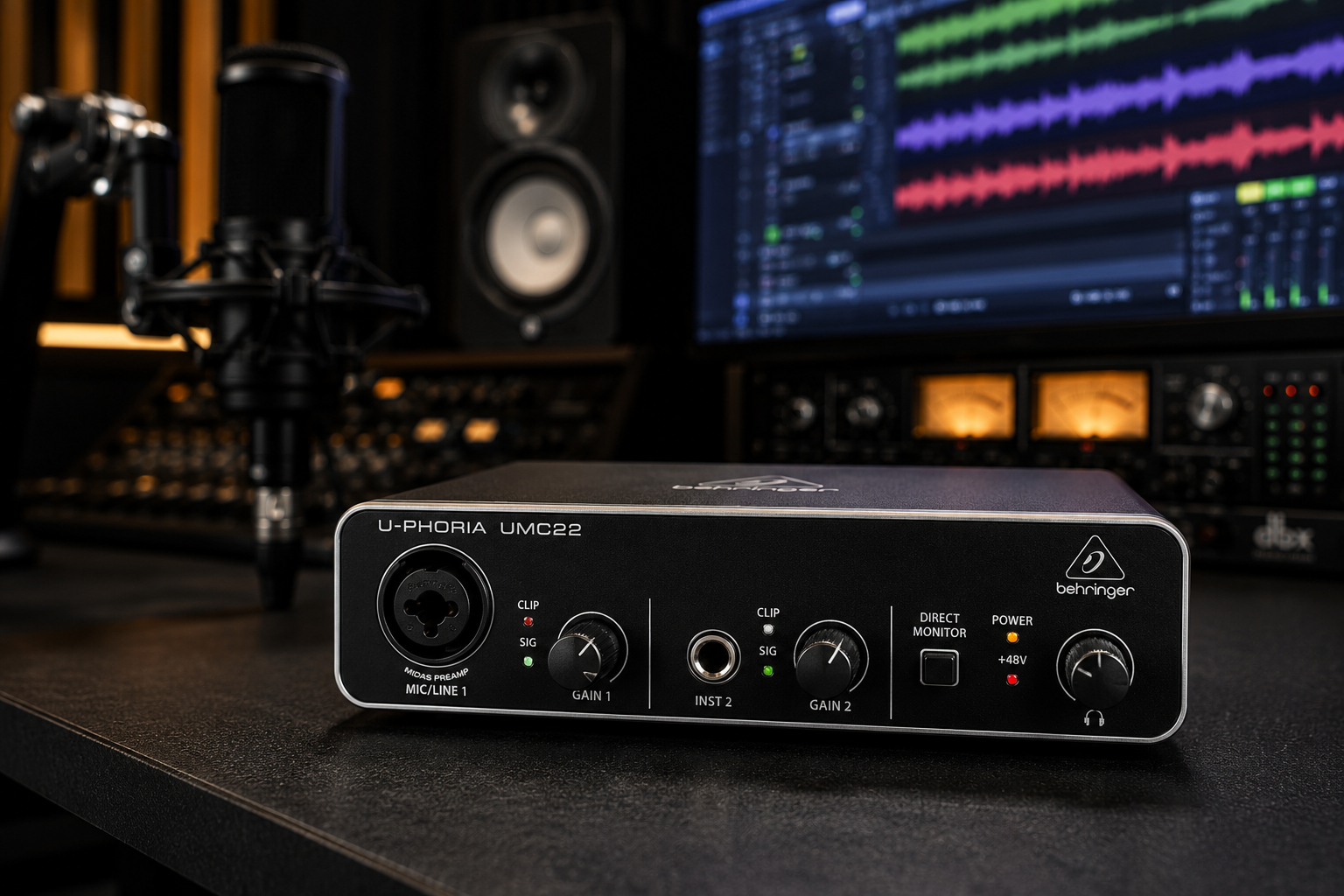 Interface de áudio Behringer UMC22 sobre bancada de estúdio profissional durante análise técnica. Review completo da interface de áudio Behringer com foco nas especificações, qualidade dos pré-amplificadores, conectividade e custo-benefício para home studio.