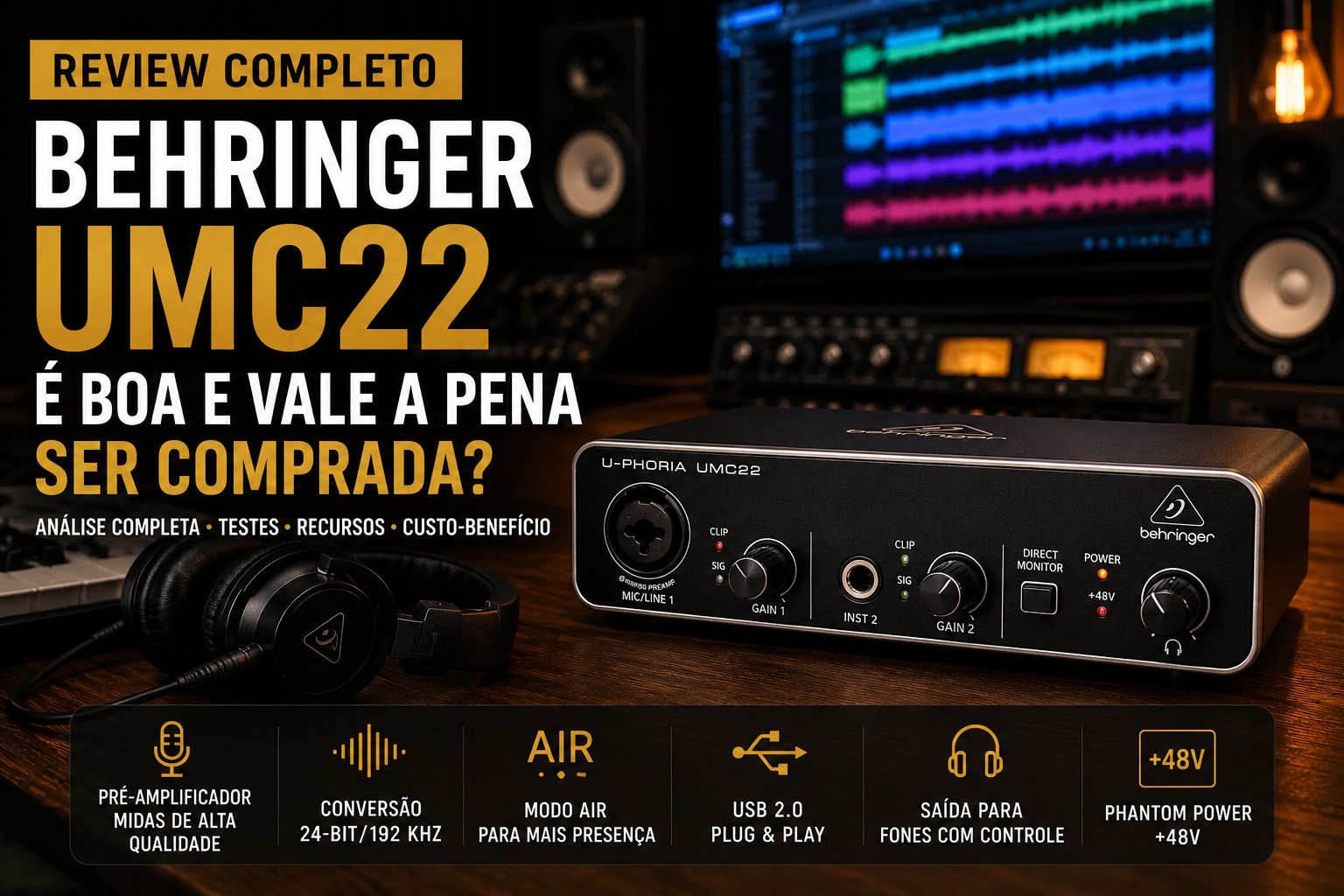 Interface de áudio Behringer UMC22 sobre bancada de estúdio profissional durante análise técnica. Review completo da interface de áudio Behringer com foco nas especificações, qualidade dos pré-amplificadores, conectividade e custo-benefício para home studio.