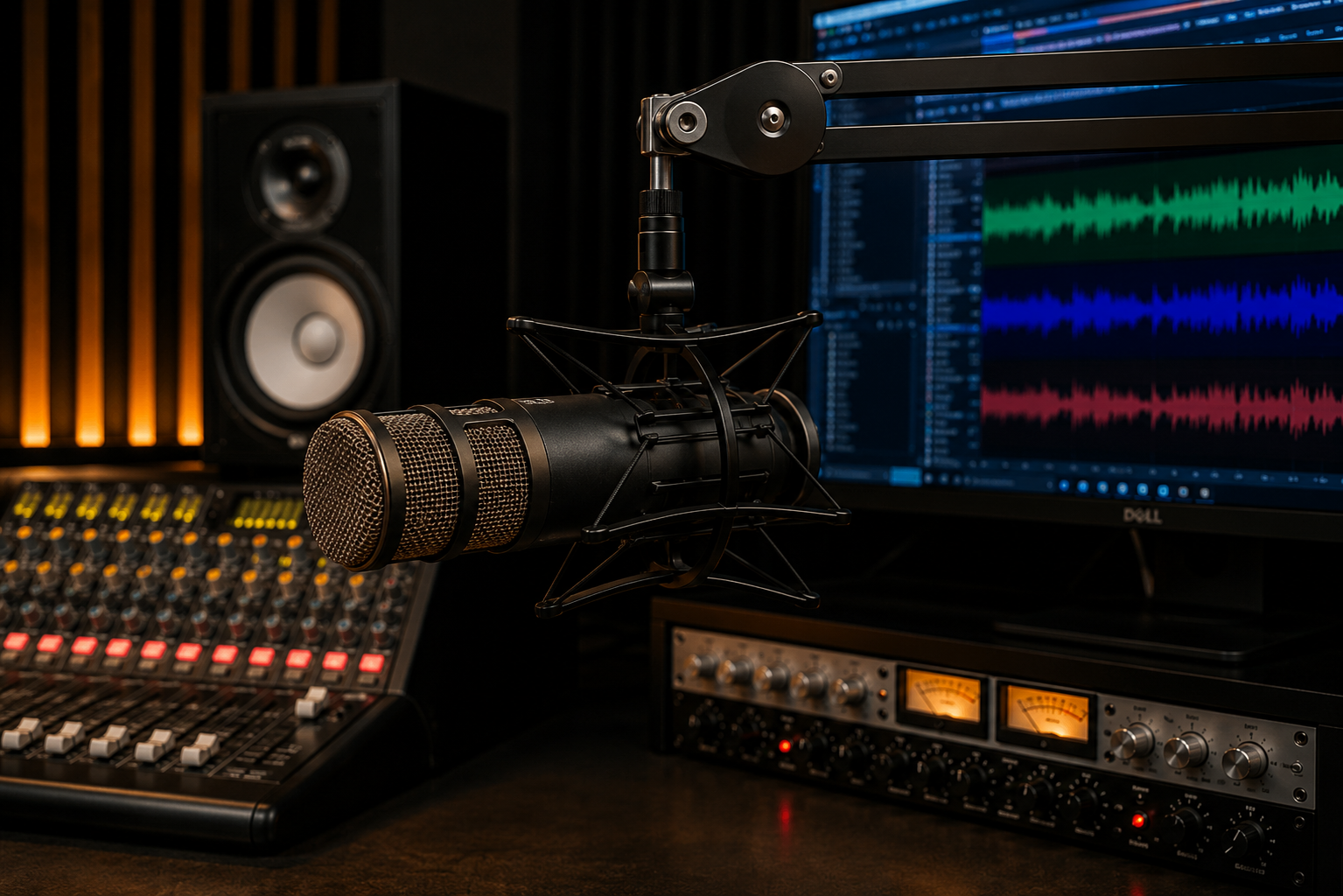 Microfone dinâmico Rode Procaster para podcast, locução, streaming, gravação de voz e home studio profissional.