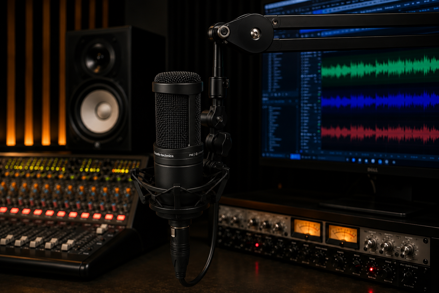 Microfone condensador Audio-Technica AT2020 para gravação de voz, podcast, streaming, home studio e produção musical.