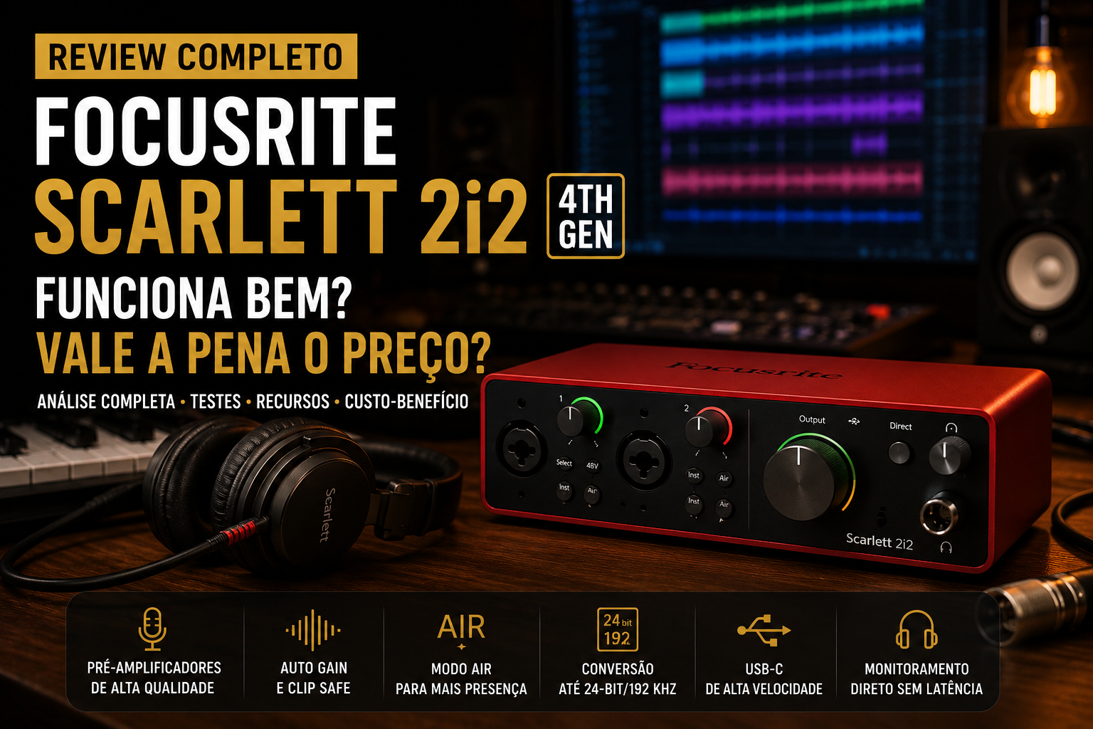 Interface de áudio Focusrite Scarlett 2i2 4th Gen para home studio. Review completo mostrando se a interface de áudio Focusrite Scarlett vale a pena, seus recursos, qualidade de áudio e preço.