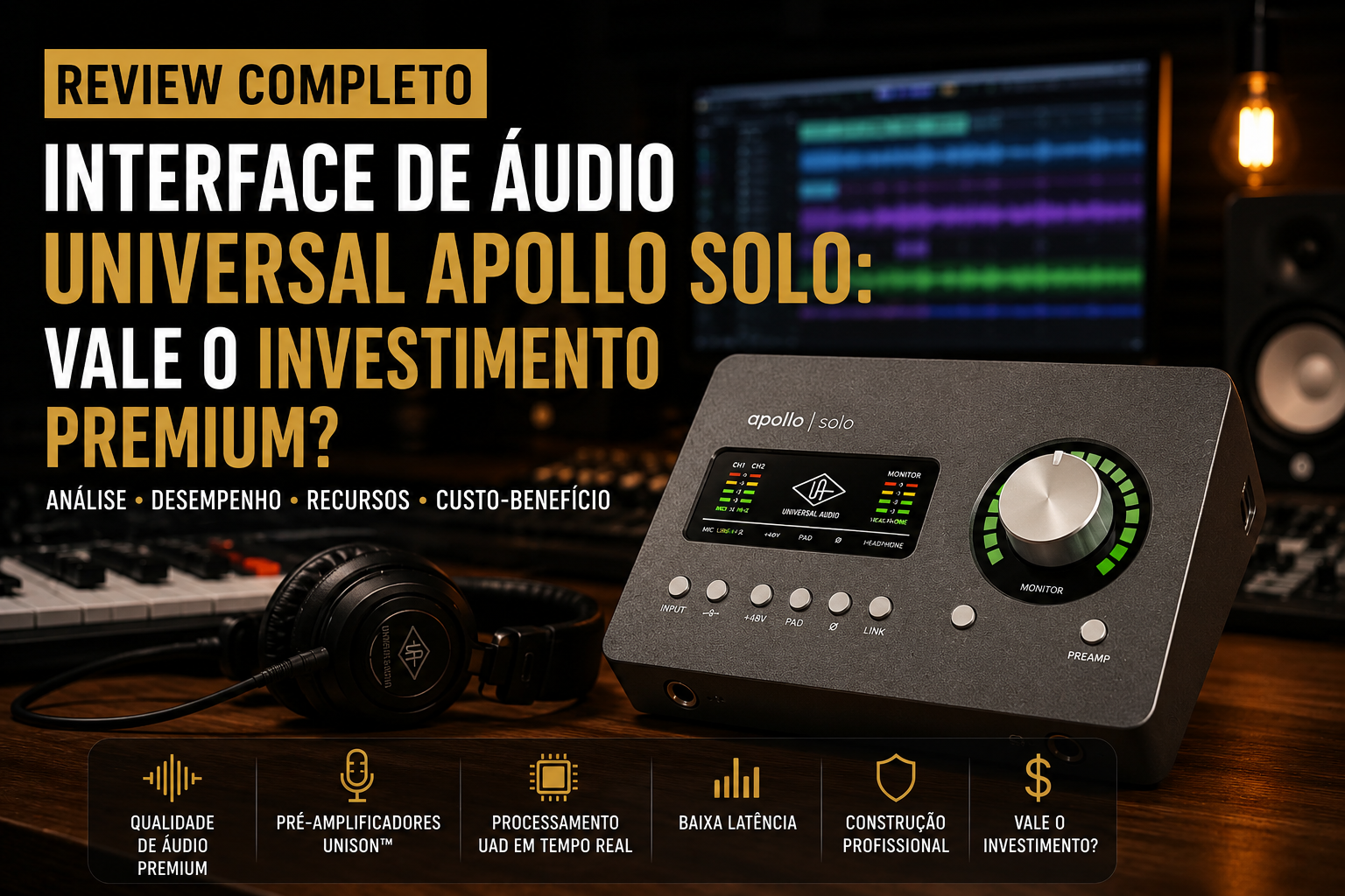 Interface de Áudio Universal Apollo Solo para home studio profissional, gravação de voz e produção musical. Review completo mostrando se a interface de áudio Universal Audio Apollo Solo é boa e vale o investimento.